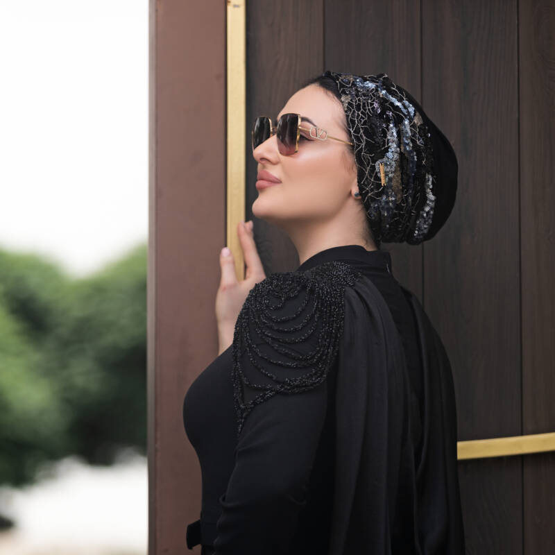 Glam Black & Gold & Silver Sequins Turban