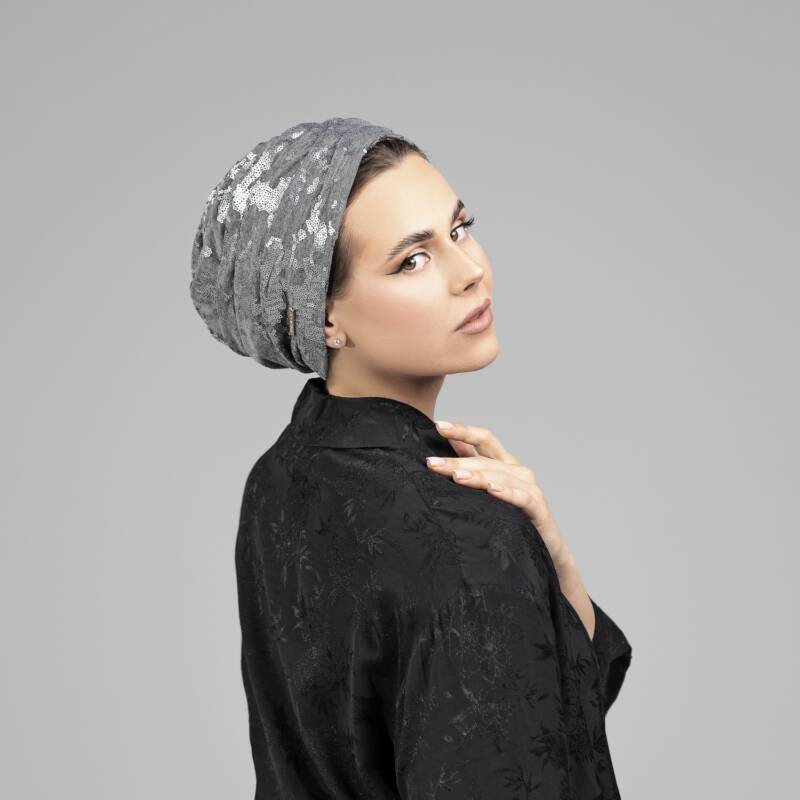 Chic grey cotton turban for women, adorned with shimmering sequins for a stylish and eye-catching look.