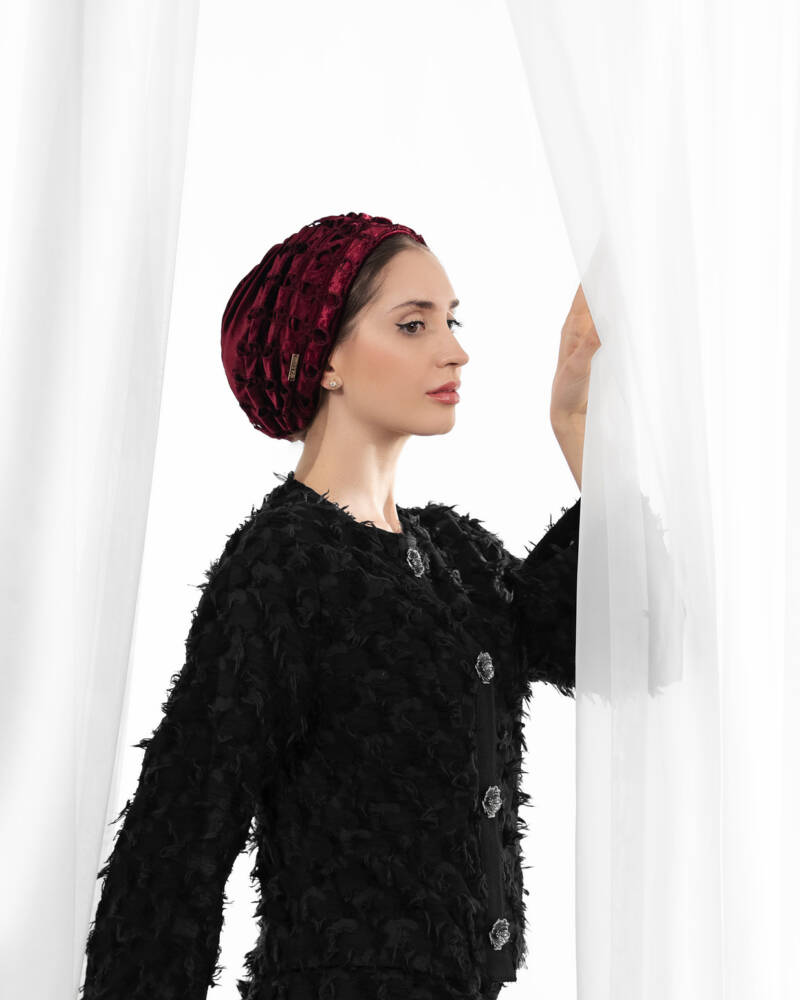 Stylish velvet burgundy turban for women, crafted with a smooth texture for a sophisticated and comfortable fit.