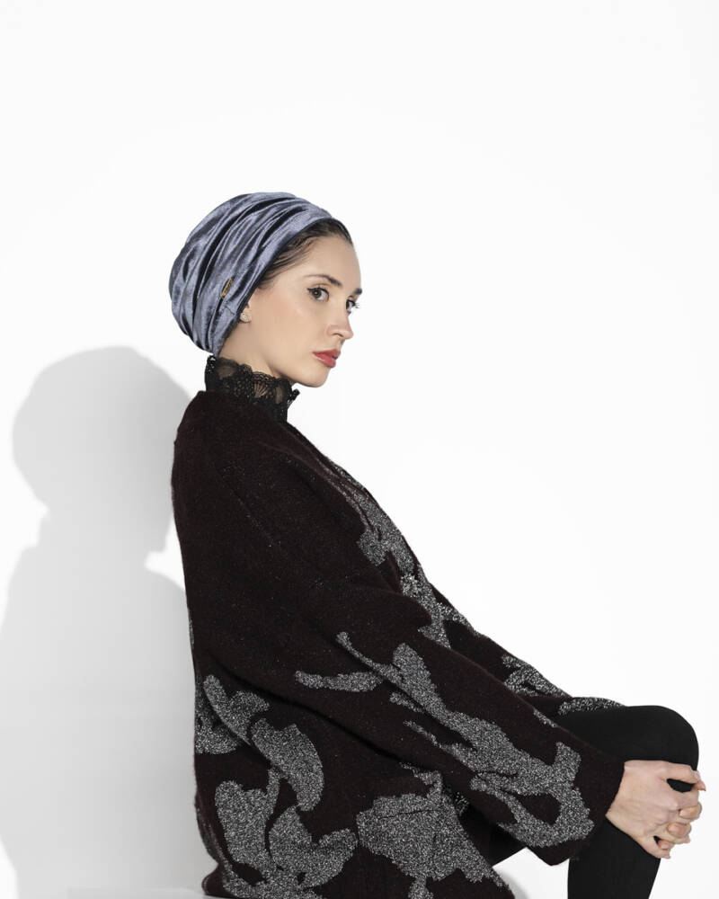 Soft grey velvet turban for elegant styling